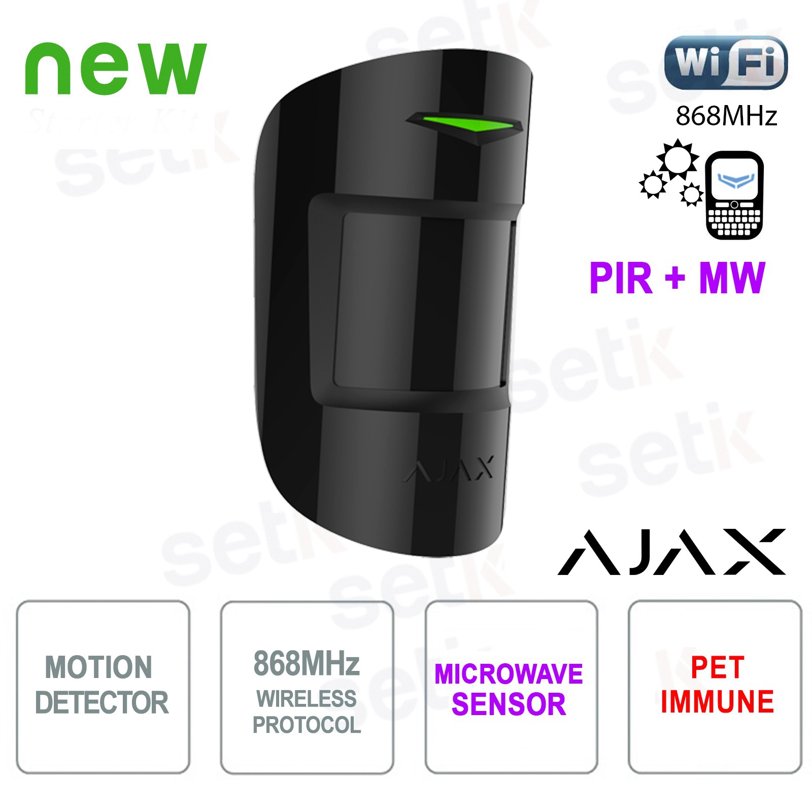 Ajax Ajax Rivelatore PIR Doppia Tecnologia Pet Immune 868MHz Black Version AJ-MOTIONPROTECTP-B 