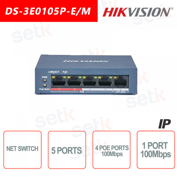 Hikvision Switch 5 Ports ~ 4 PoE Ports 100Mbps ~ 1 Ethernet Port 100 Mbps Network Switch