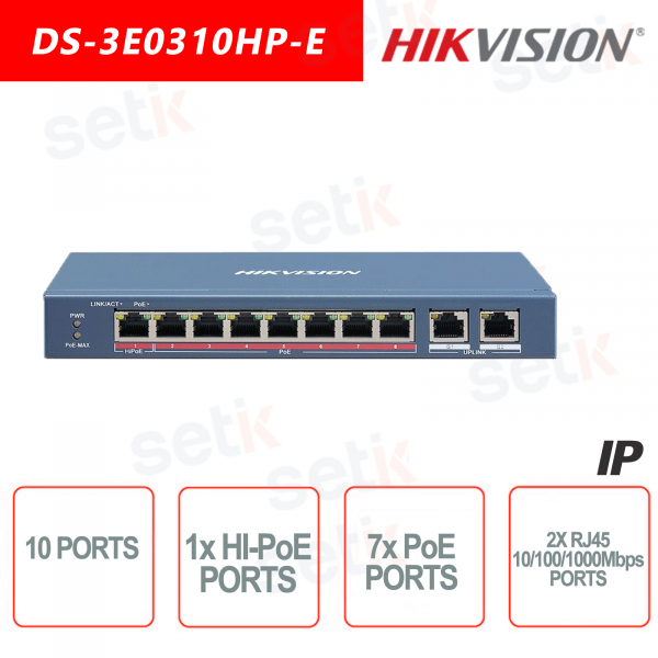 10 Port Hikvision Switch ~ 1 HI-PoE Port ~ 7 PoE Ports ~ 2 RJ45 10/100 / 1000Mbps Network Switch