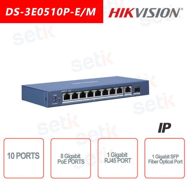 10 Port Hikvision Switch ~ 8 Gigabit PoE Ports ~ 1 Gigabit RJ45 Port ~ 1 SFP Fiber Optic Port Network Switch