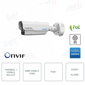 HYU-555 - Cámara Bala Térmica + PoE Visible - Lente Visible de 6mm - IR 30m - Audio - Alarma - Exterior