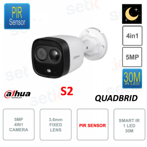 Dahua - Cámara HDCVI de 5MP - 4 en 1 - Versión S2 - Exterior - Lente de 3,6 mm - PIR - Smart IR 30m - Disuasión activa