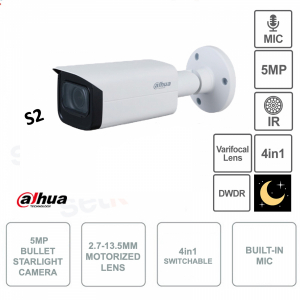 HAC-HFW2501TU-ZA-S2 - Dahua - Cámara bala Starlight - 4in1 - Lente motorizada 2.7-13.5mm - Smart IR 80m - Micrófono