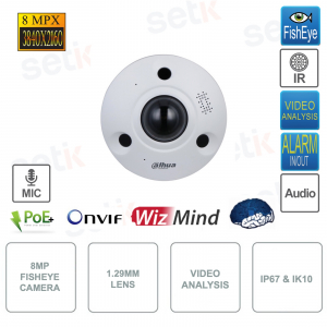 Telecamera IP PoE ONVIF® Fisheye - 8MP - Ottica 1.29mm fissa - Video Analisi - Allarme - Audio