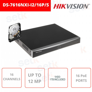 NVR 16 canales IP 16 puertos PoE 12 MP 4K HDMI ULTRA HD VGA - DS-7616NXI-I2/16P/S - Hikvision
