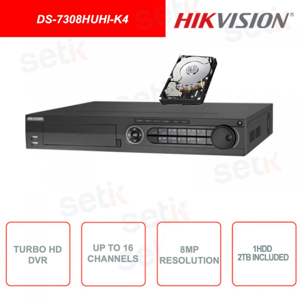 DS-7308HUHI-K4 - HIKVISION - TURBO HD DVR - 5in1 - 8 canali IP IN - 8 canali analogici - 8MP - H.265 Pro+ 1HHD da 2TB Incluso