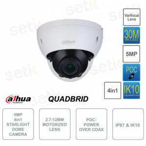 Telecamera Dome HDCVI  5MP - 4in1 - POC- Starlight - Ottica 2.7-12mm - IR30m - S2