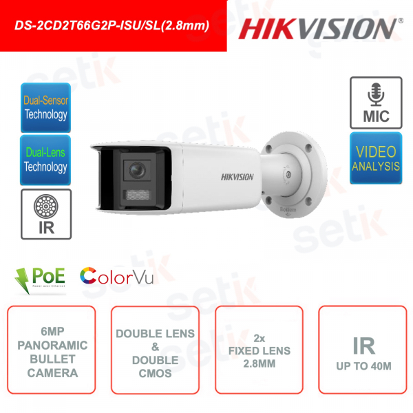 Cámara Panorámica Bullet 6MP PoE IP - Lente doble 2.8mm y sensor CMOS dual - IR 40m - Video Análisis