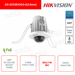 Cámara empotrada en techo - Minidomo IP PoE 4MP - Lente 2.8mm - Micrófono - WDR 120dB - Video Análisis