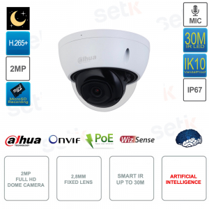 Telecamera dome 2MP IP POE ONVIF® - Ottica 2.8mm - Smart IR 30m - Intelligenza artificiale - Bianca - Dahua