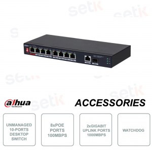 Conmutador de red no gestionable - 10 puertos - 8 puertos PoE - Watchdog