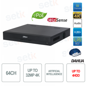 NVR IP 64 Canali 16 Porte PoE 32MP 4K Registratore di Rete AI 384Mbps 4HDD WizSense EI Dahua