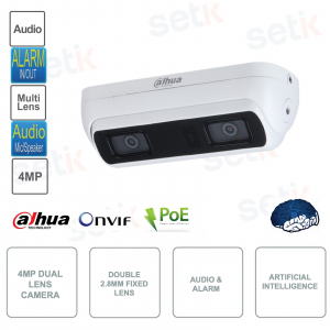 Caméra IP POE ONVIF 4MP - Double objectif 2.8mm - Intelligence Artificielle - Audio - Alarme - Microphone