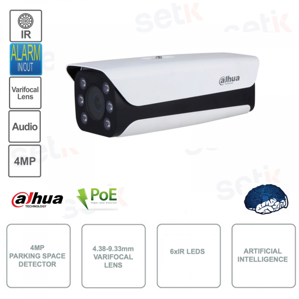 Telecamera IP POE - 4MP - Ottica varifocale 4.38 mm–9.33 mm - Intelligenza artificiale con rilevamento parcheggi
