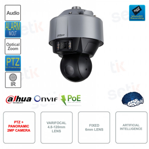 Telecamera PTZ IP POE ONVIF da esterno - 2MP - Doppia ottica 6mm - 4.8-120mm - AI