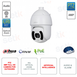 Cámara IP POE ONVIF PTZ - 4MP - Zoom 45x 3.95-177.75mm - Inteligencia Artificial