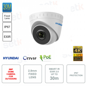 Caméra Dôme IP POE ONVIF 8MP 4K Ultra HD - Objectif fixe 2.8mm - SMart IR 30m EXIR 1.0 - IP67 pour usage extérieur