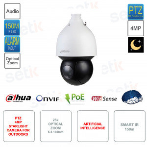 Telecamera Starlight PTZ IP POE ONVIF 4MP Full HD - Ottica 5.4-135mm - Zoom ottico 25x - Intelligenza artificiale