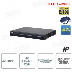 Grabador Dahua NVR 4 Canales 4K 12MP IP 4PoE para cámaras de videovigilancia