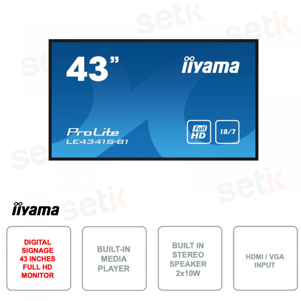 Écran IPS Iiyama 43 pouces - Affichage numérique - 1080p - Full HD - HDMI - VGA - Lecteur multimédia - LAN