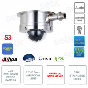 Cámara domo IP ONVIF® PoE a prueba de explosiones - 2,7 mm–13,5 mm - IP68 - IK10 - IR 40 m - S2