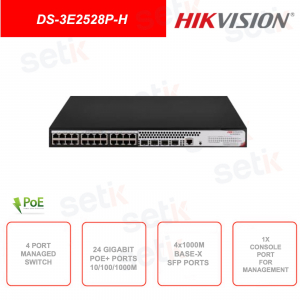 Switch di rete gestito -  24 Porte 10/100/1000Base-T PoE+ - 4 porte 1000Base-X SFP - 1 Porta di controllo Console