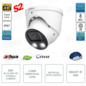 Telecamera Eyeball IP POE ONVIF - 8MP 4K - Ottica 2.8mm fissa - Intelligenza artificiale - Full Color - S2