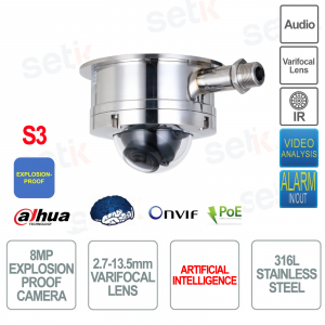 8 MP explosionsgeschützte ONVIF® PoE IP Dome-Kamera – 2,7 mm–13,5 mm – IP68 – IK10 – IR 40 m – S2