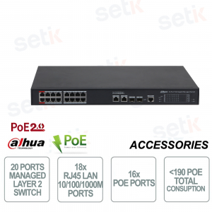 Dahua Switch di rete 16 PoE Managed Gigabit Layer 2 - 20 Porte - 2 SFP - Fino a 250M