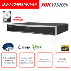 Hikvision AcuSense 4-Channel ONVIF® IP NVR - Artificial Intelligence - Up to 12MP - 1TB HDD included