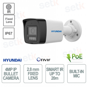 Cámara IP Bullet para exterior 4 Megapíxeles lente fija 2.8mm IR 20m PoE IP67 - Micrófono - Hyundai