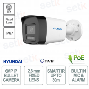 Outdoor-Bullet-IP-Kamera, 6 Megapixel, festes Objektiv, 2,8 mm IR, 30 m PoE, IP67 – Mikrofon und Alarm – Hyundai