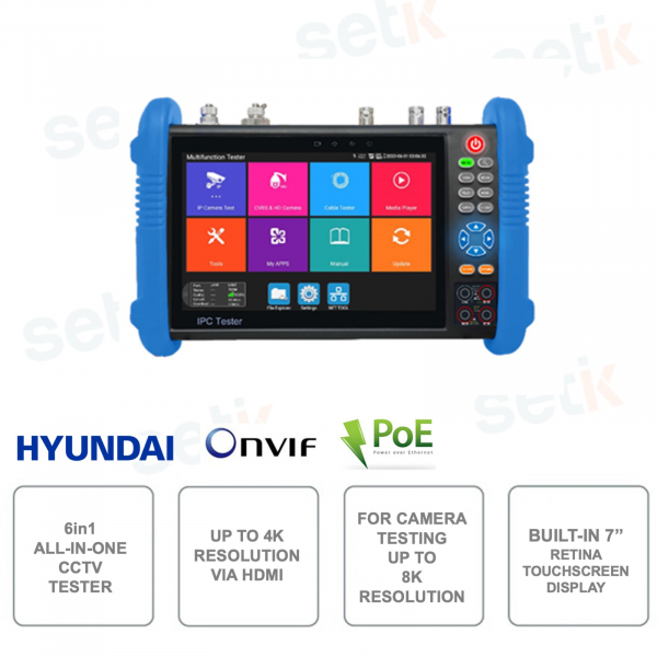 6in1 All in one ONVIF POE IP Tester for CCTV Systems - For Cameras up to 8K - Built-in 7 Inch Display -