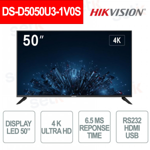 DS-D5050U3-1V0S: Monitor LED 50" 4K Ultra HD - 60Hz - 6.5ms - RS232 - HDMI - USB - Hikvision