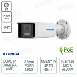Outdoor Bullet IP Camera 4 Megapixel Dual Fixed Lens 2.8mm IR 40m PoE IP67 - Microphone and Alarm - Hyundai