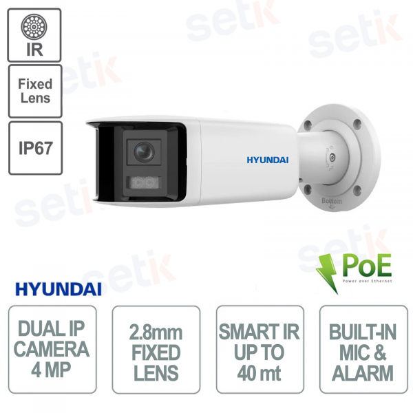 Telecamera Bullet IP da esterno 4 Megapixel doppia ottica fissa 2.8mm IR 40m PoE IP67 - Microfono e Allarme - Hyundai
