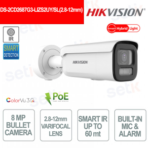 Telecamera ColorVu 8MP IP POE Bullet da esterno - Ottica 2.8-12mm - Intelligenza artificiale