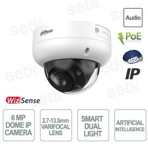 Caméra dôme IP Dahua 6 MP avec objectif varifocal 2,7-13,5 mm, IA avancée et double éclairage intelligent IP67