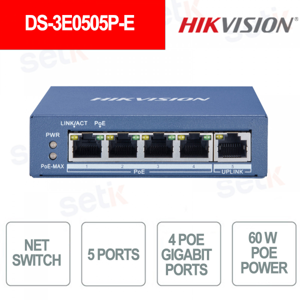 Hikvision DS-3E0505P-E | Switch Gigabit PoE 60W a 4 Porte per Videosorveglianza