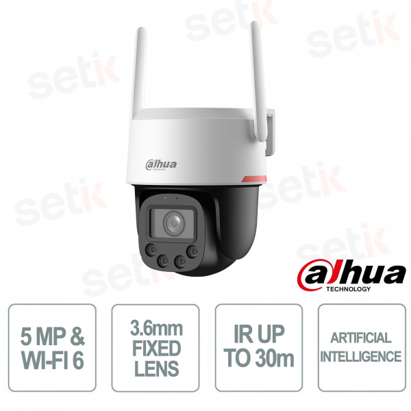 Telecamera Wi-Fi Pan Tilt 5MP con Ottica 3.6 mm, Rilevamento AI e Visione 360° per Esterni - Dahua