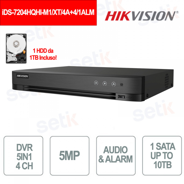 DVR 4 Canali AcuSense 5MP H.265 Pro+ con AI e Audio + HDD 1 TB Incluso - Hikvision