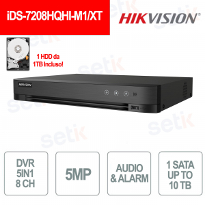 DVR 8 Canali AcuSense AI H.265 Pro+ 5-in-1 Rilevamento Veicoli/Persone + HDD 1 TB Incluso - Hikvision
