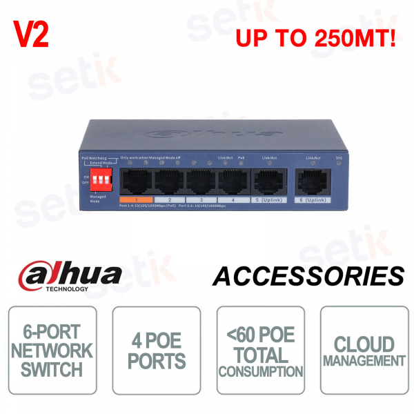 copy of Commutateur réseau 4 ports PoE + 2 ports 10/100/1000 RJ45 Cloud Managed Series Dahua