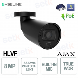 Ajax BulletCam 8MP Nera con AI, Visione Notturna 60m e Lente Varifocale Motorizzata