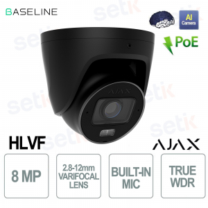 Caméra tourelle Ajax HLVF 8MP noire avec IA, vision nocturne et objectif varifocal