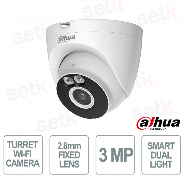 Telecamera Turret Wi-Fi 3MP con Ottica 2.8mm, Smart Dual Light, AI Human & Vehicle Detection, Wi-Fi 6, IP67 - Dahua