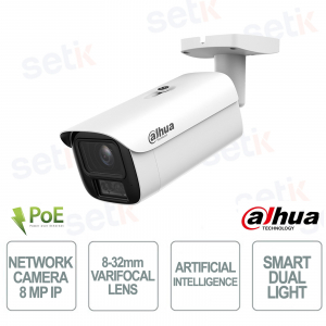 Caméra IP WizMind 8MP avec objectif varifocal 8-32 mm, double éclairage intelligent IA, IP67 IK10 - Dahua