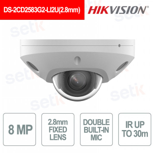 Mini Dome IP Camera 8MP AcuSense Smart Hybrid Light Audio IP67 - Hikvision