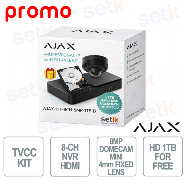 KIT AJAX SYSTEMS – NVR 8 Canali con HDMI + DomeCam Mini 8MP + HDD 1TB Omaggio Black