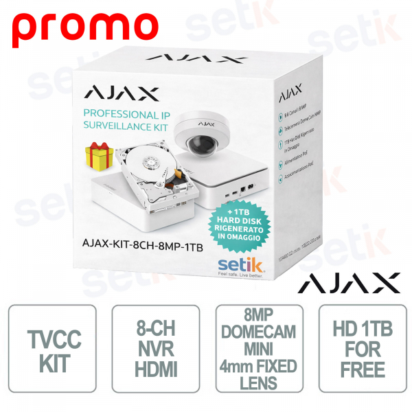 KIT AJAX SYSTEMS – NVR 8 Canali con HDMI + DomeCam Mini 8MP + HDD 1TB Omaggio